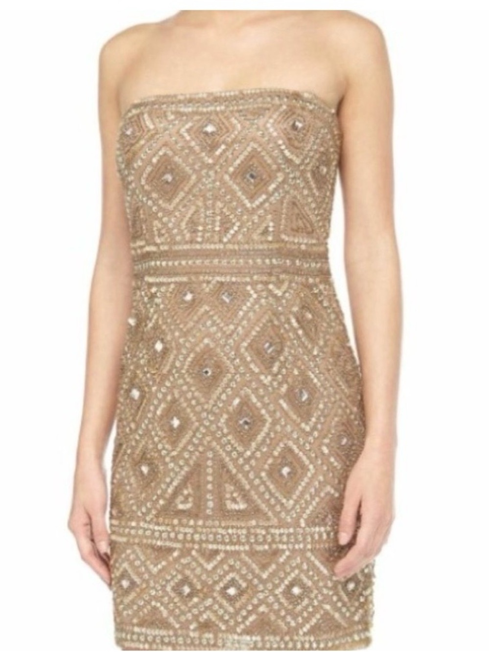 Adrianna Strapless tribal embellished straight across Neck Mini Dress in Gold
